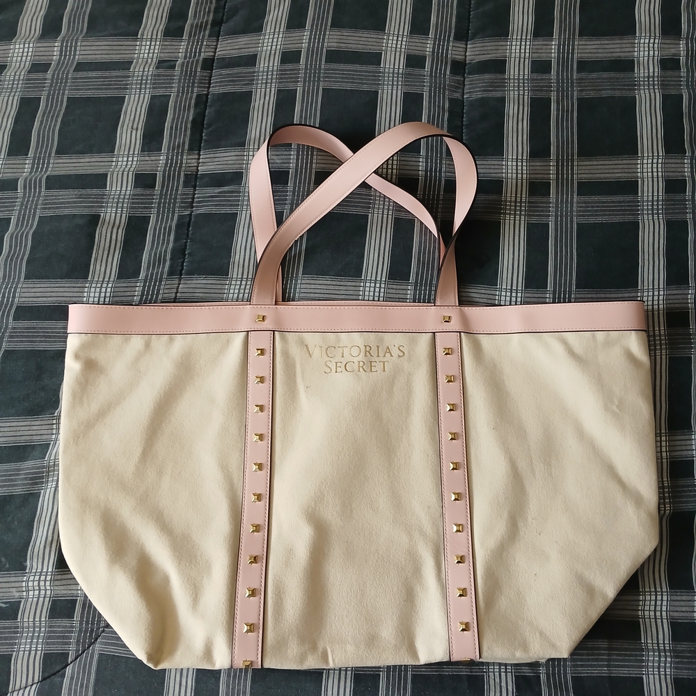 Victoria's Secret Cream and Pink Studded Tote NWOT